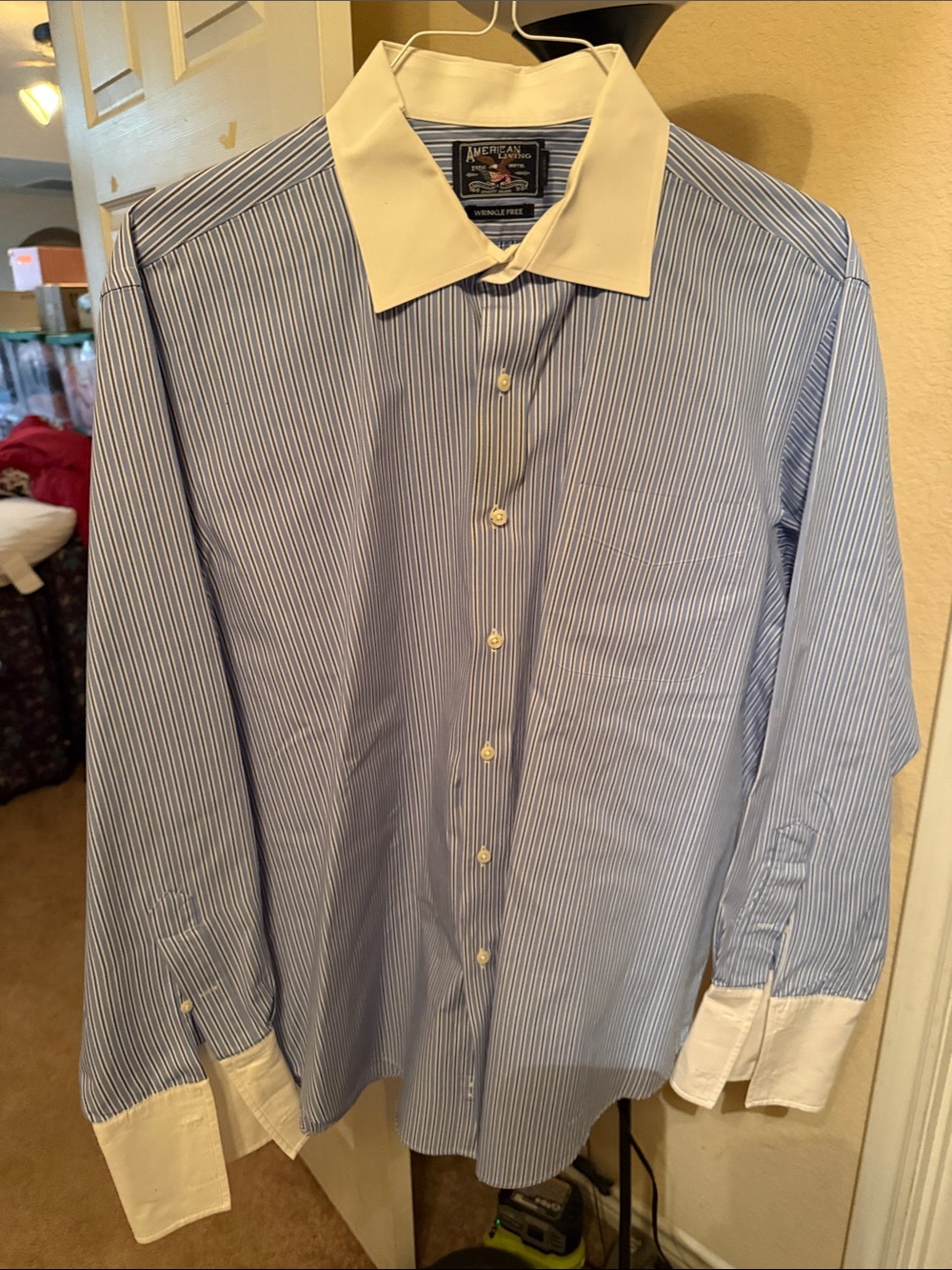 American Living Blue Pinstripe Dress Shirt with White Collar & French Cuffs